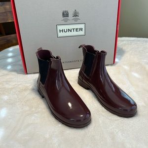 HUNTER Ankle Rain Boots Burgundy, Glossy Finish, Size 6 w/Box, Worn Once